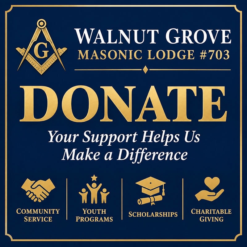 Gold text and icons for donation and community services are centered against a dark blue background with a gold border.