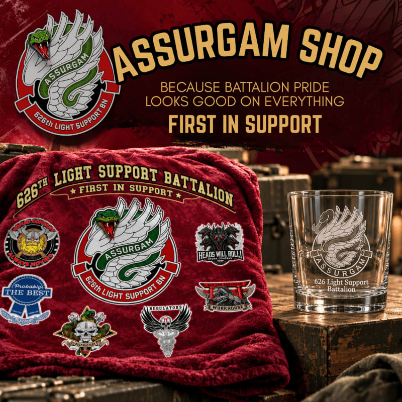 A red blanket and a glass featuring military insignia sit in the foreground against a dark, textured background with promotional text for the Assurgam Shop.