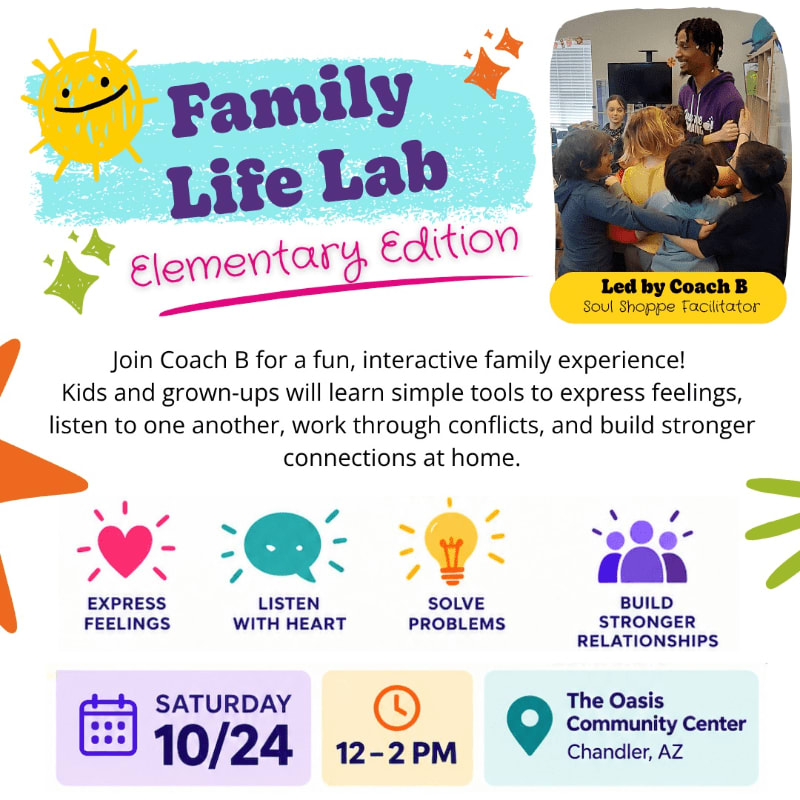 A colorful promotional flyer for "Family Life Lab Elementary Edition" features a photo of a group hug in the upper right and event details against a white background.