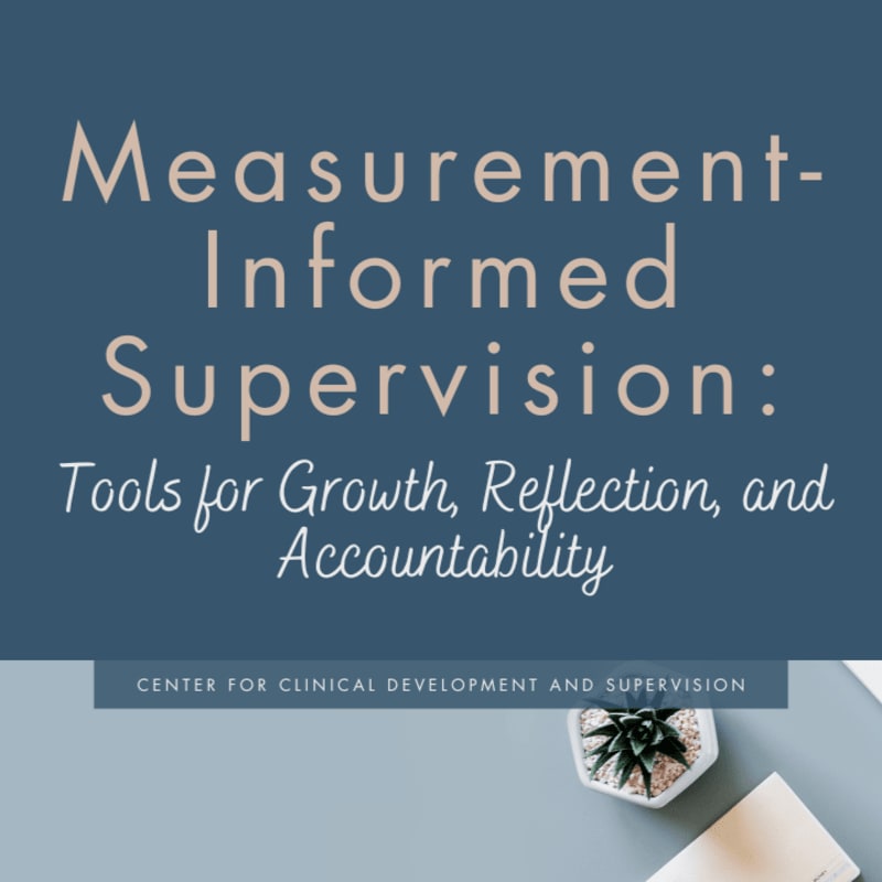 Text about "Measurement-Informed Supervision" is displayed on a dark blue background, with a small potted plant and a notebook visible in the light grey foreground.