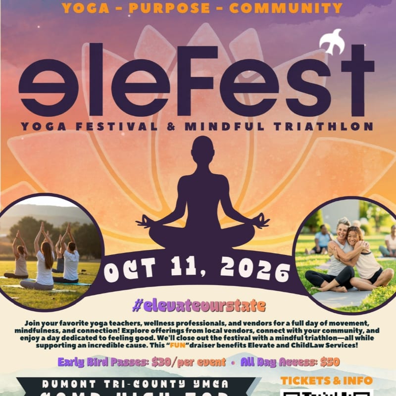 A purple and orange promotional flyer for "eleFest" features a silhouette of a person meditating in the foreground against a backdrop of a large lotus flower and sunset sky.