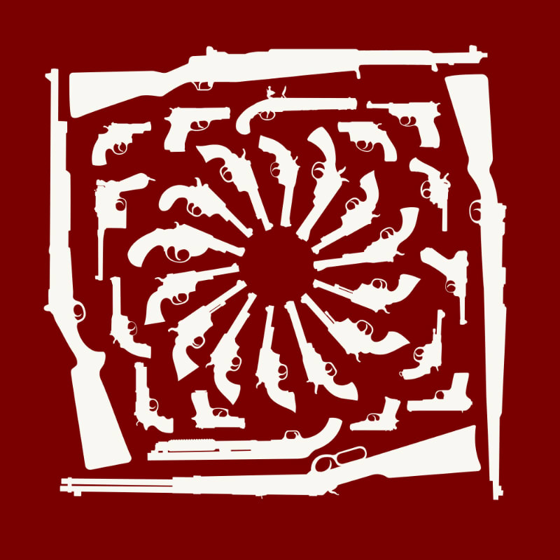 White silhouettes of various firearms are arranged in a circular and rectangular pattern against a solid red background.