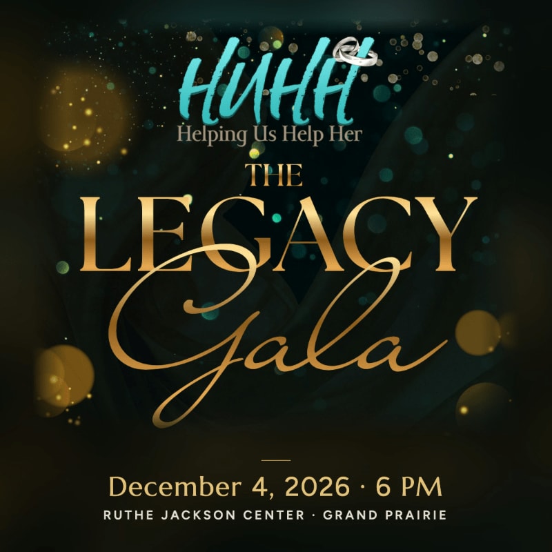 Gold and teal text announcing "The Legacy Gala" sits in the foreground against a dark, shimmering background with golden bokeh lights.