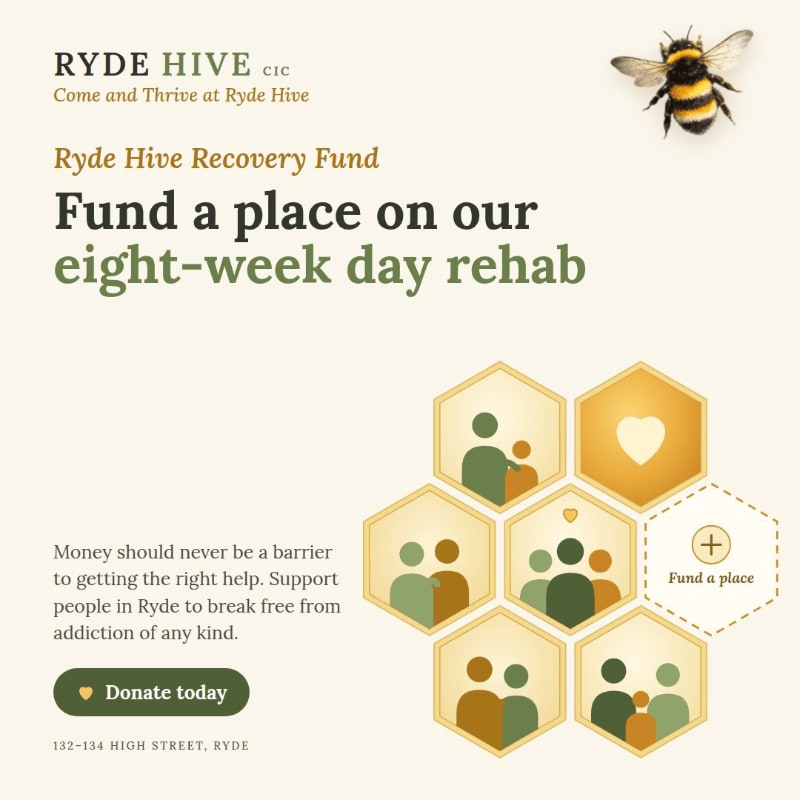 A promotional flyer for the Ryde Hive Recovery Fund features a bee in the top right and a cluster of hexagonal icons depicting people and a heart against a light cream background.