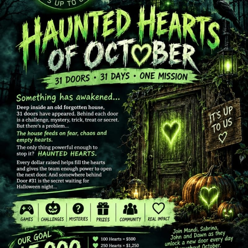 A spooky promotional poster with green glowing text and a haunted house door in the foreground set against a dark, misty forest background.