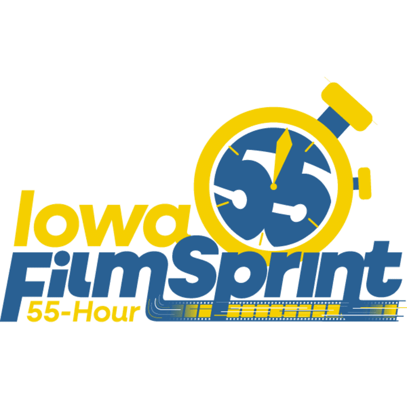 A yellow and blue logo for "Iowa FilmSprint 55-Hour" featuring a stopwatch against a plain white background.