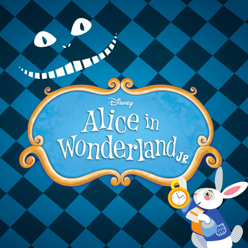 A white rabbit holding a pocket watch and a golden "Alice in Wonderland Jr." logo sit in the foreground against a blue checkered background featuring the Cheshire Cat's floating eyes and grin.