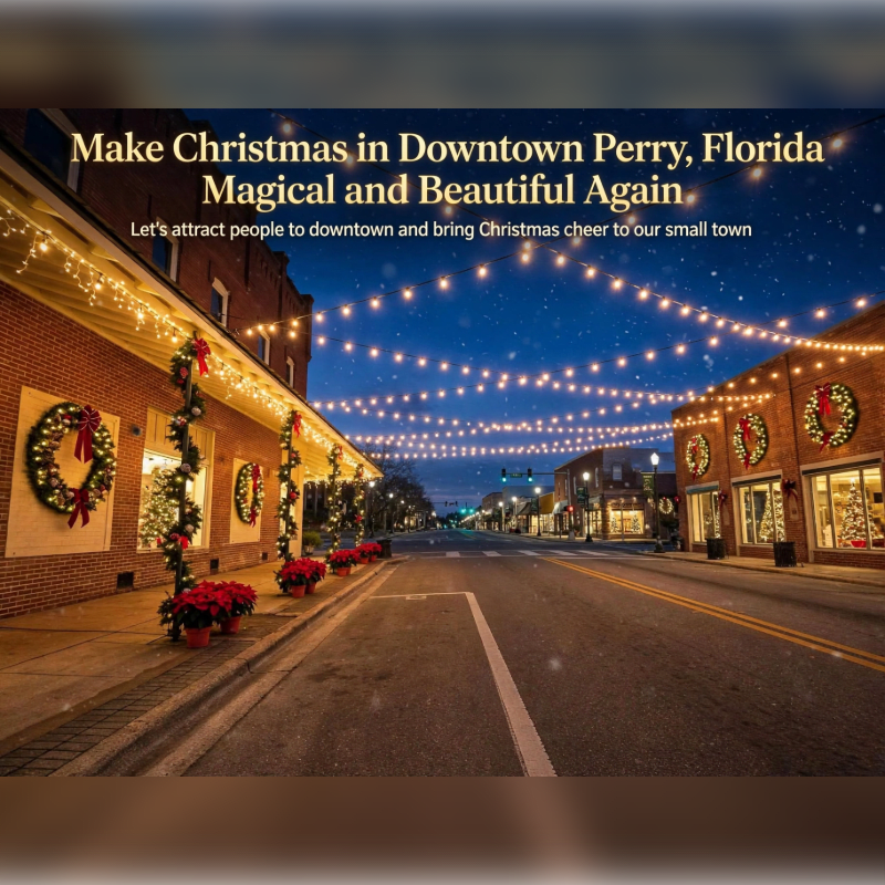 A festive downtown street is lined with brick buildings adorned with wreaths and red flowers, while strings of glowing lights stretch across the night sky.