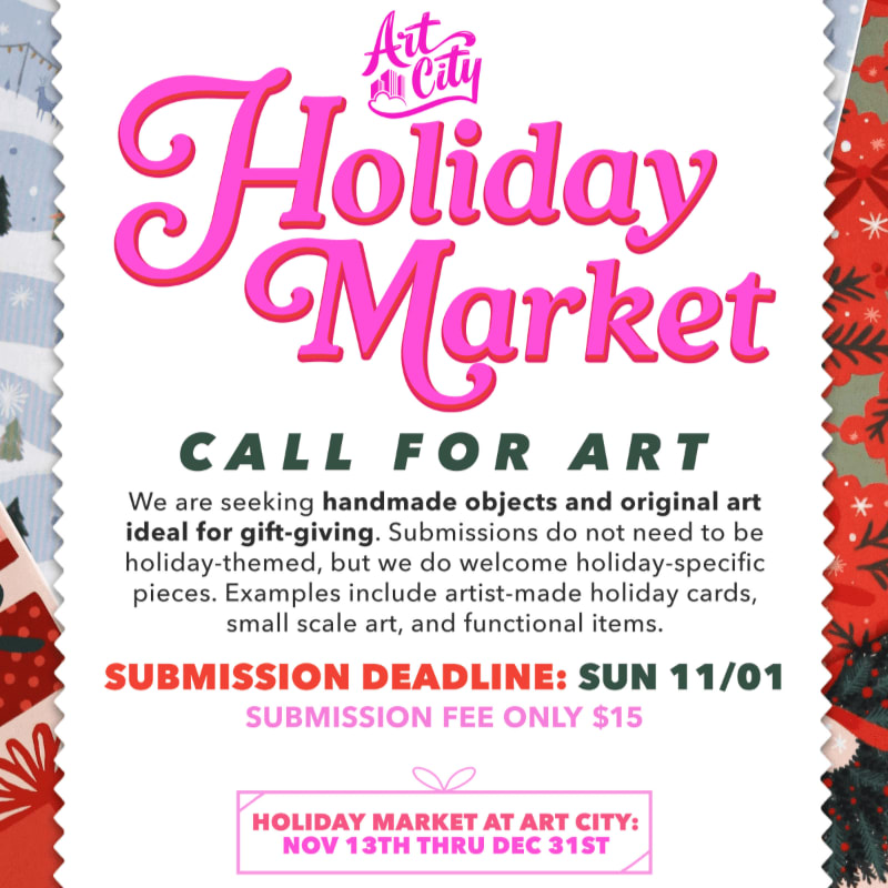 A promotional flyer for the Art City Holiday Market features pink and green text on a white background, framed by festive holiday-themed borders.