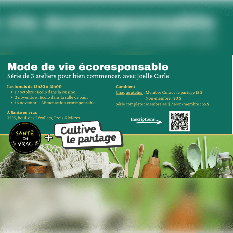An informational flyer for eco-responsible lifestyle workshops features white text on a green background with a collection of sustainable household items in the foreground.