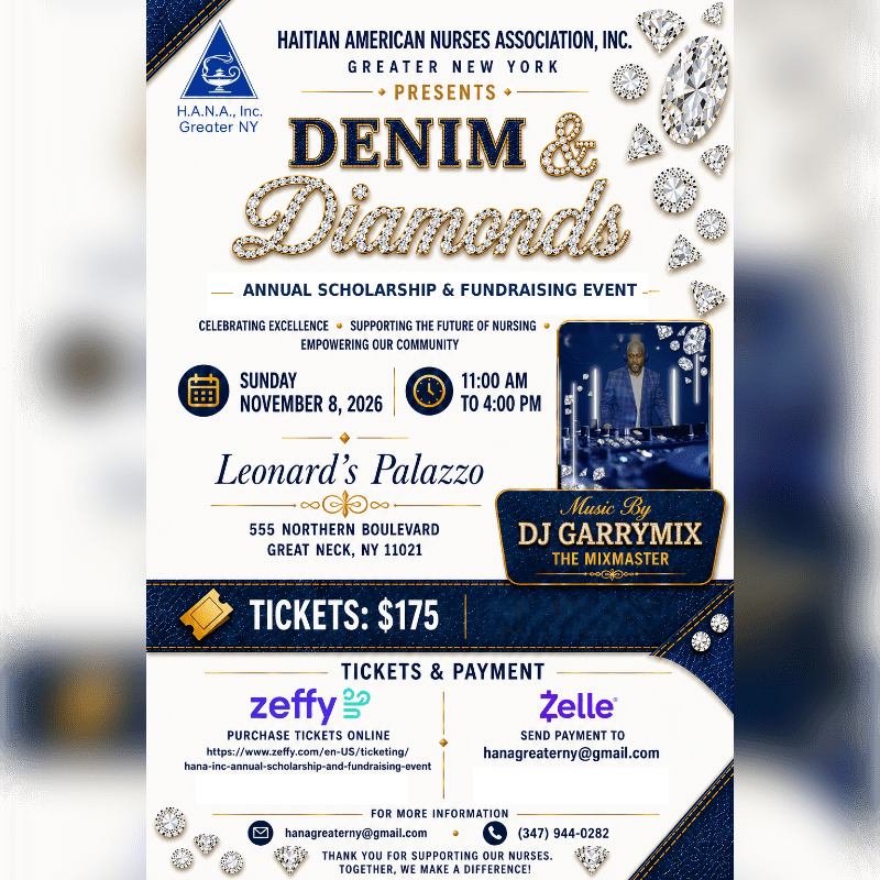 An event flyer for "Denim & Diamonds" features gold and diamond text in the foreground against a clean white and blue background.