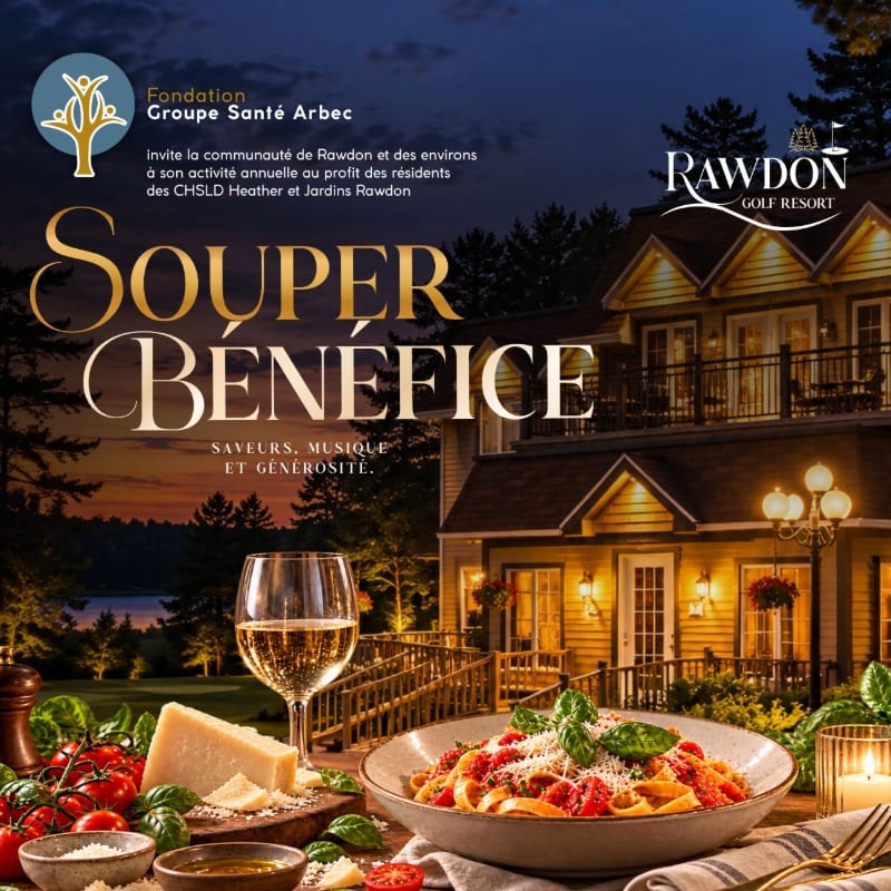 A gourmet pasta dish and a glass of white wine sit in the foreground against a background of a lit luxury lodge at dusk.