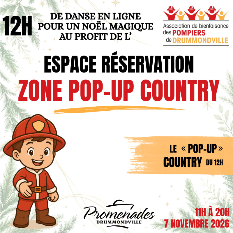 A cartoon firefighter stands in the foreground of a promotional flyer featuring French text and festive pine branches in the background.