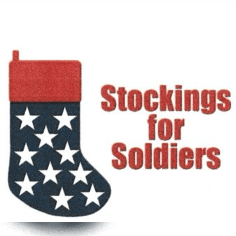 A red, white, and blue star-patterned stocking and the text "Stockings for Soldiers" are set against a plain white background.