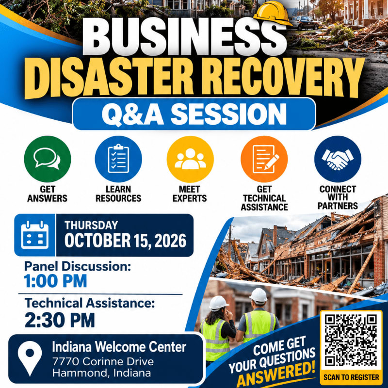 A promotional flyer for a Business Disaster Recovery Q&A session features event details and icons in the foreground against a background of storm-damaged buildings.