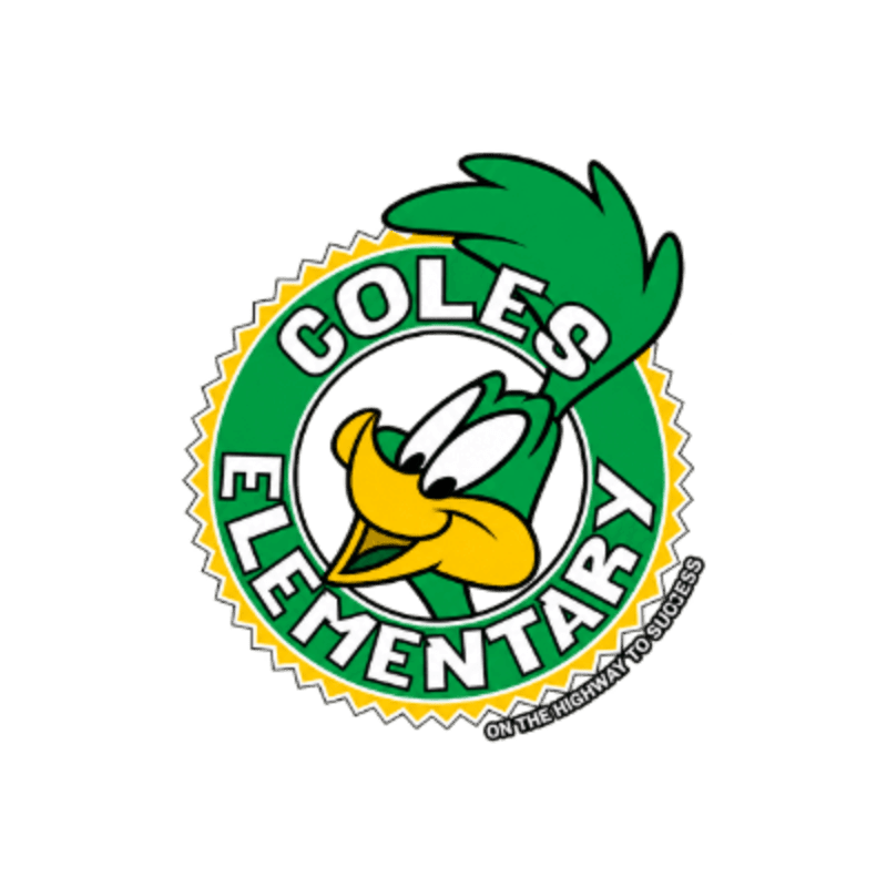 A cartoon green bird is centered within a circular logo for "Coles Elementary" against a plain white background.