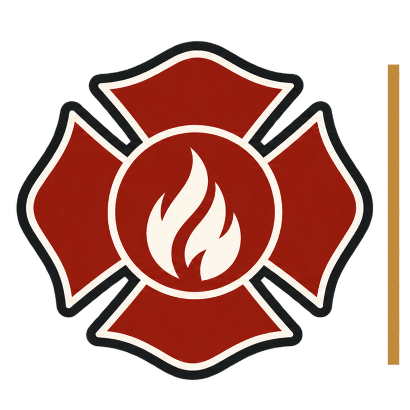 A red and white Maltese cross with a flame symbol in the center is set against a plain white background.