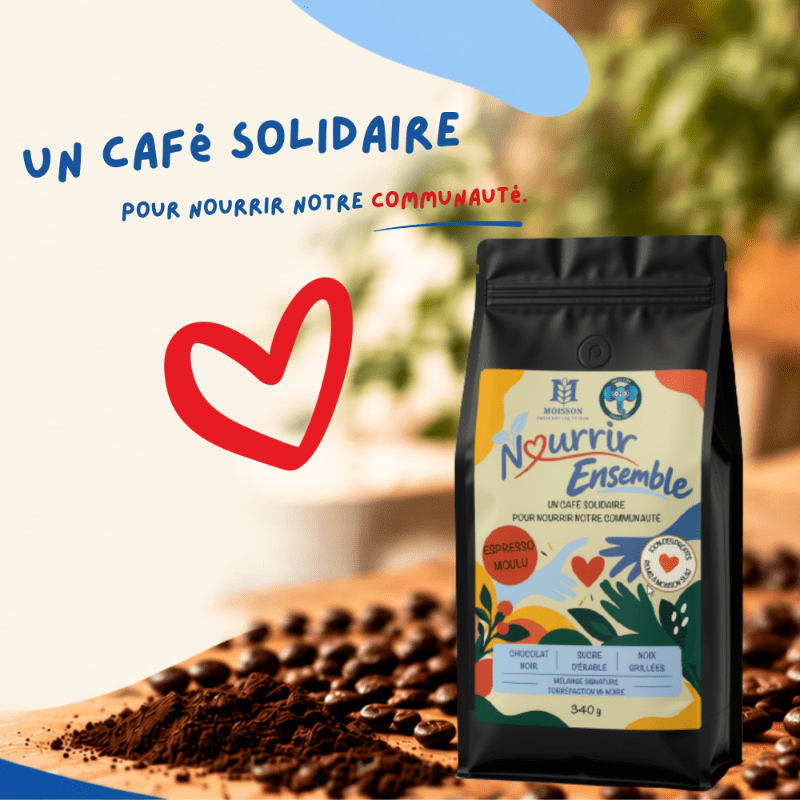 A black bag of "Nourrir Ensemble" coffee sits beside ground coffee and beans in the foreground, set against a blurred background of greenery and blue accents with a large red heart and French text.