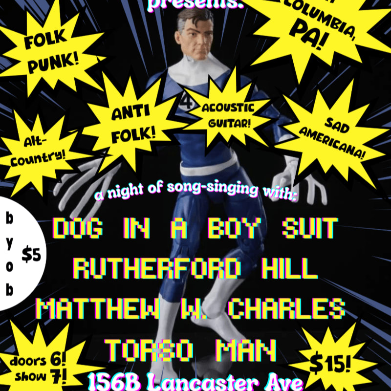 A man in a blue and white superhero costume stands in the foreground of a concert flyer featuring yellow starbursts and event text against a dark, radiating background.