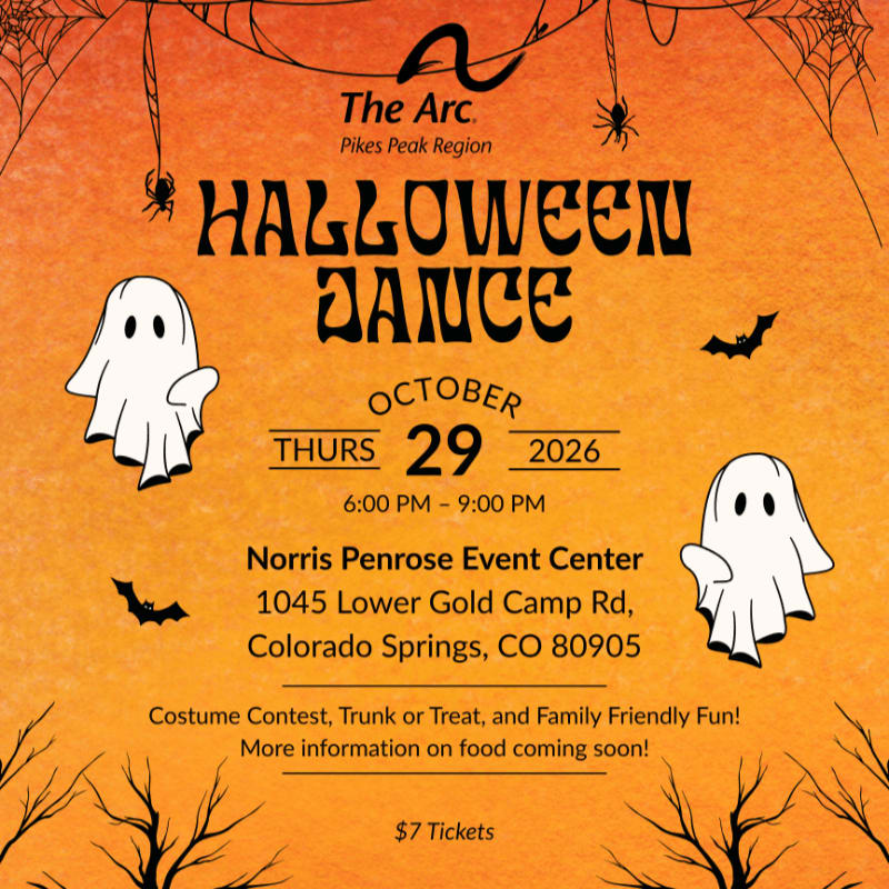 A Halloween dance flyer features ghosts, bats, and spiders in the foreground against an orange background with spiderwebs and bare tree branches.
