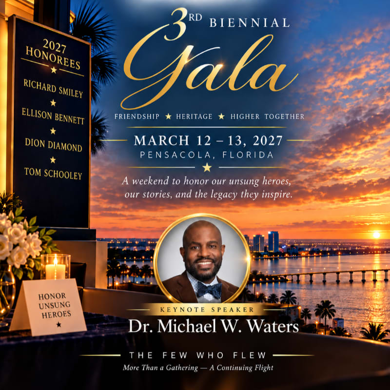 An event flyer for the 3rd Biennial Gala featuring a keynote speaker and honorees in the foreground against a sunset cityscape of Pensacola, Florida, in the background.