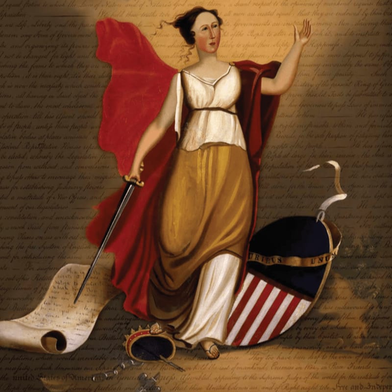 A woman in a white and gold gown holding a sword stands before a background of handwritten text, with a shield and scroll at her feet.
