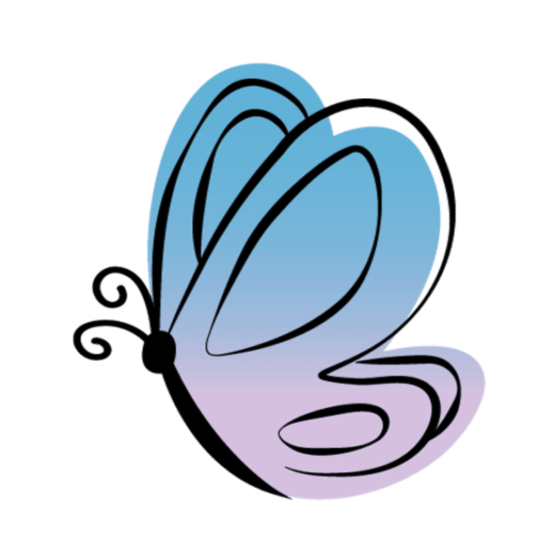 A blue and purple gradient butterfly with black outlines is centered against a plain white background.