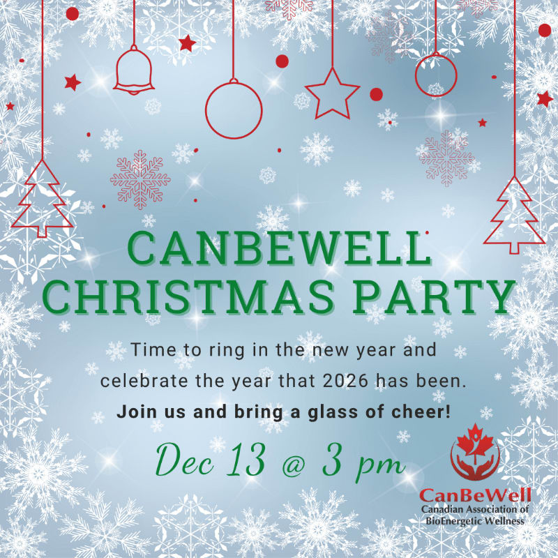 Green and black text announcing a "CanBeWell Christmas Party" sits in the foreground over a light blue background decorated with white snowflakes and red hanging ornaments.
