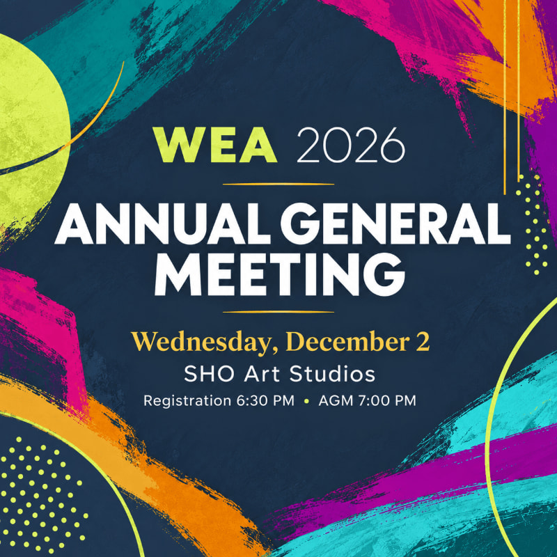 White and yellow text announcing the WEA 2026 Annual General Meeting is centered over a dark blue background accented by vibrant, colorful brushstrokes.