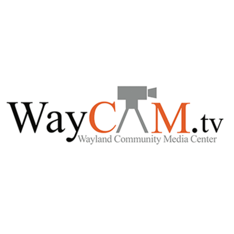 The logo for "WayCAM.tv Wayland Community Media Center" is centered against a plain white background.