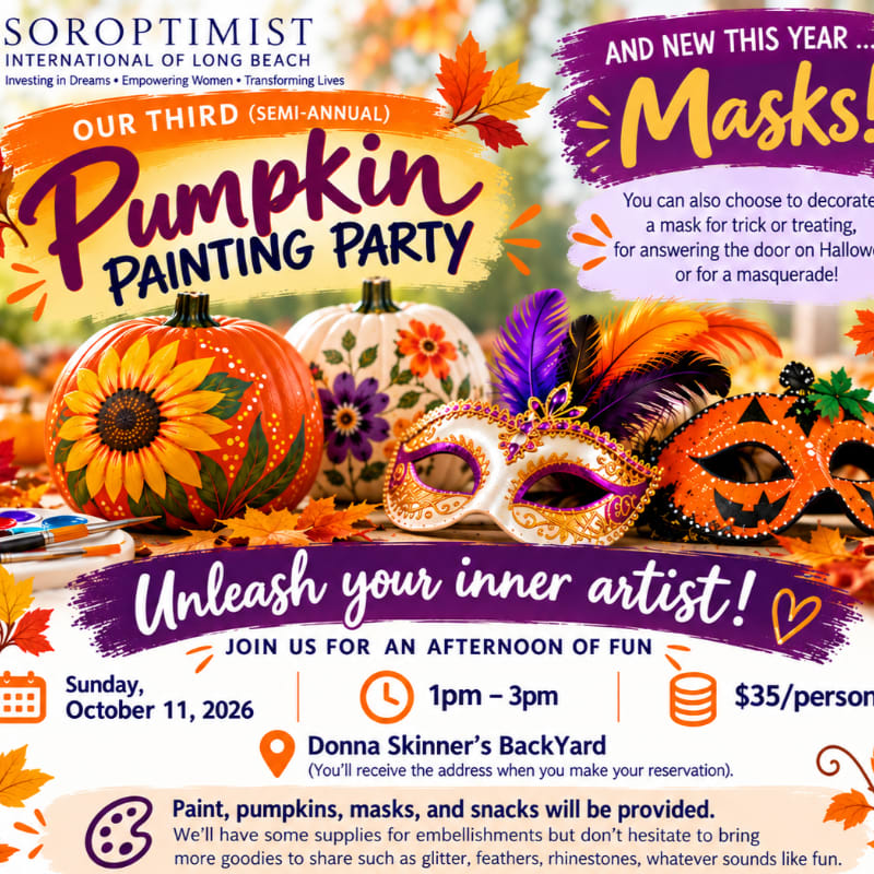 Painted pumpkins and decorative masks sit in the foreground of a colorful event flyer set against a blurred autumn background.
