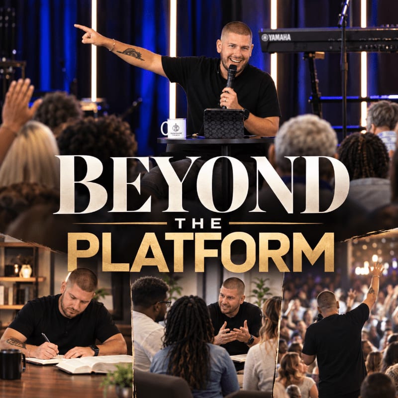 A man in a black shirt is featured in multiple scenes across a collage, with bold text reading "BEYOND THE PLATFORM" overlaid in the center against a backdrop of a stage and a crowd.