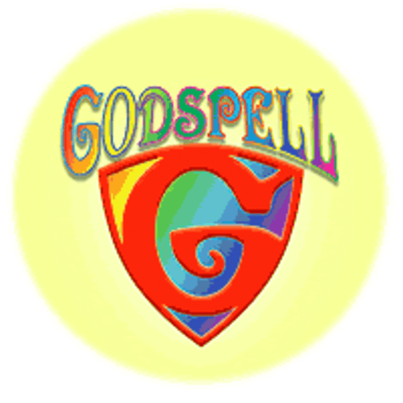 The word "GODSPELL" in rainbow colors sits above a colorful shield containing a stylized letter "G," all set against a pale yellow circular background.