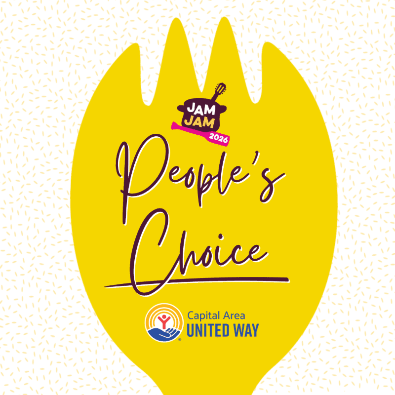 A yellow fork-shaped graphic containing the text "People's Choice" and logos sits against a white background with small yellow speckles.