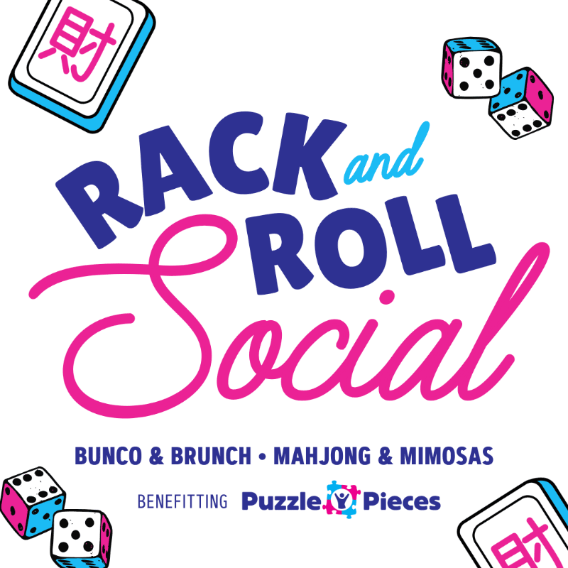 Colorful text reading "RACK and ROLL Social" is centered in the foreground, surrounded by mahjong tiles and dice against a plain white background.