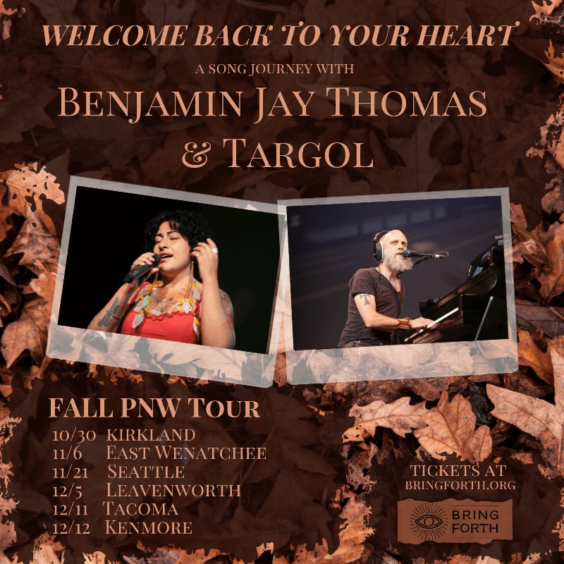 Two photos of musicians are layered over a background of autumn leaves and tour information.