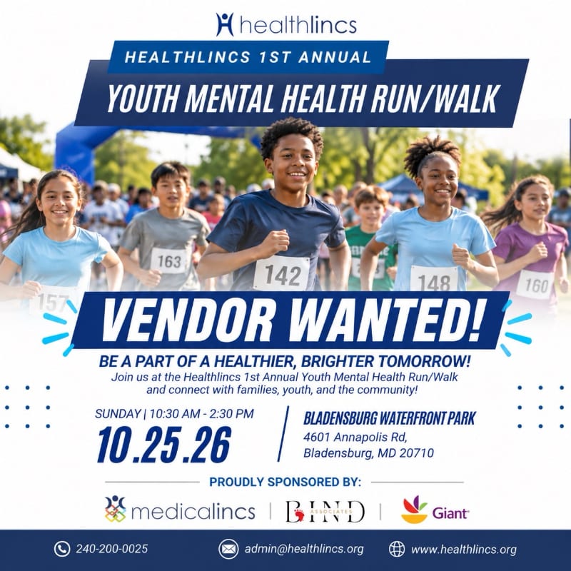A promotional flyer for a youth mental health run/walk features smiling children racing in the foreground against a blurred background of other participants and outdoor greenery.