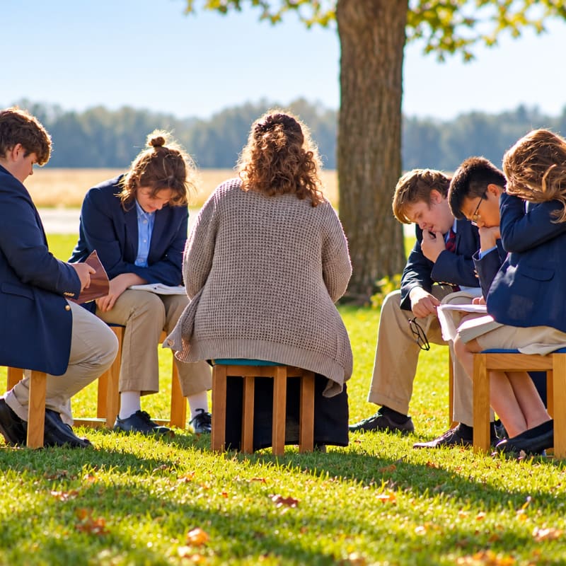 A group of students in uniforms sit on stools in a grassy field under a large tree.