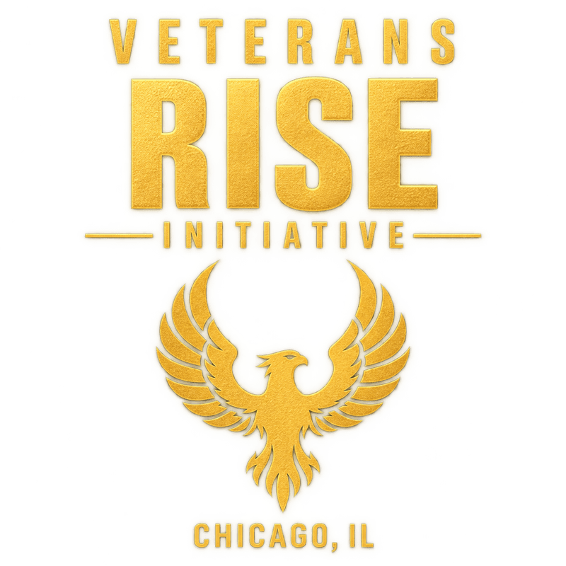 Gold text reading "VETERANS RISE INITIATIVE" and "CHICAGO, IL" surrounds a golden eagle emblem against a plain white background.