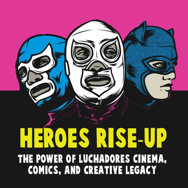 Three masked luchadores are positioned in the foreground against a split pink and black background with bold yellow and white text below them.