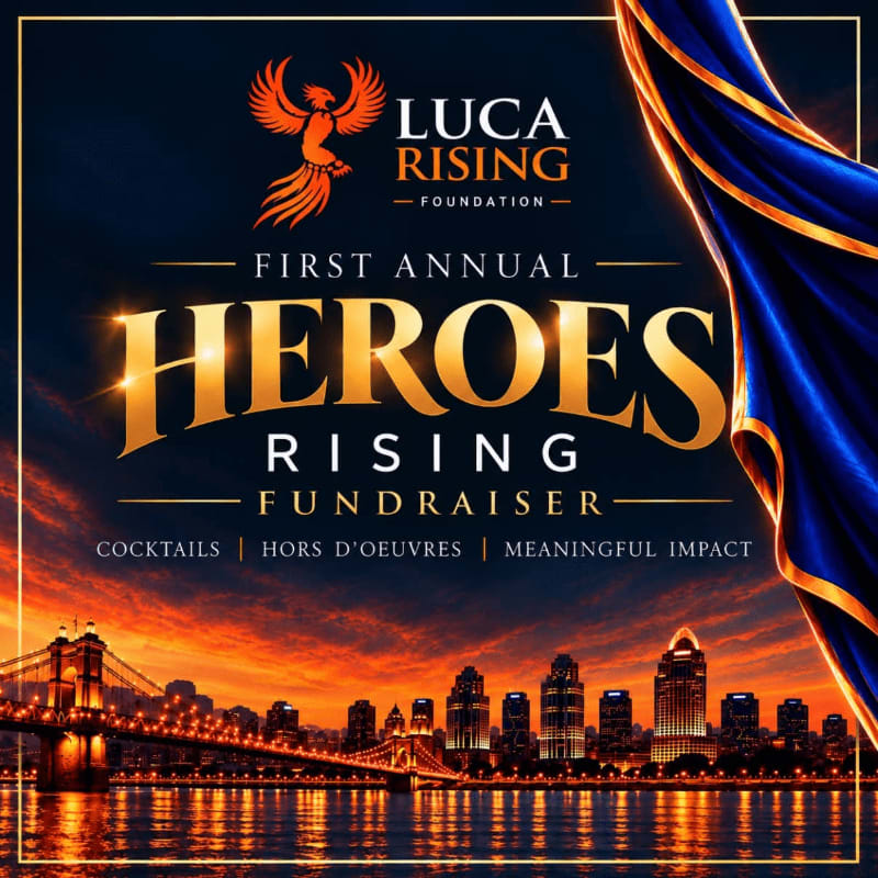 Gold text announcing the "Heroes Rising Fundraiser" for the Luca Rising Foundation is layered over a sunset city skyline and waterfront.