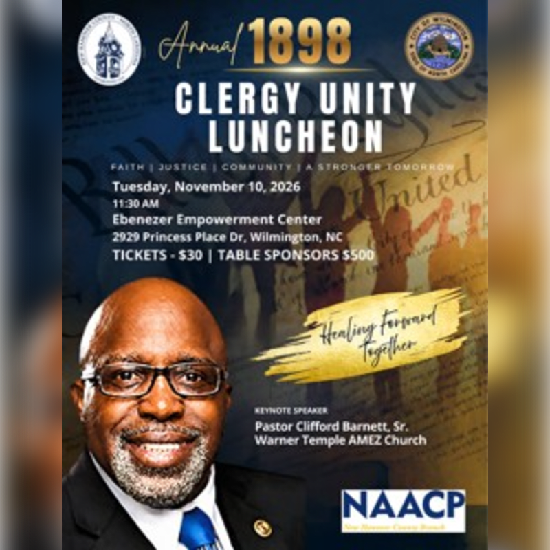 A portrait of Pastor Clifford Barnett, Sr. is featured in the foreground of a promotional flyer for the Annual 1898 Clergy Unity Luncheon, set against a dark blue background with event details and gold accents.