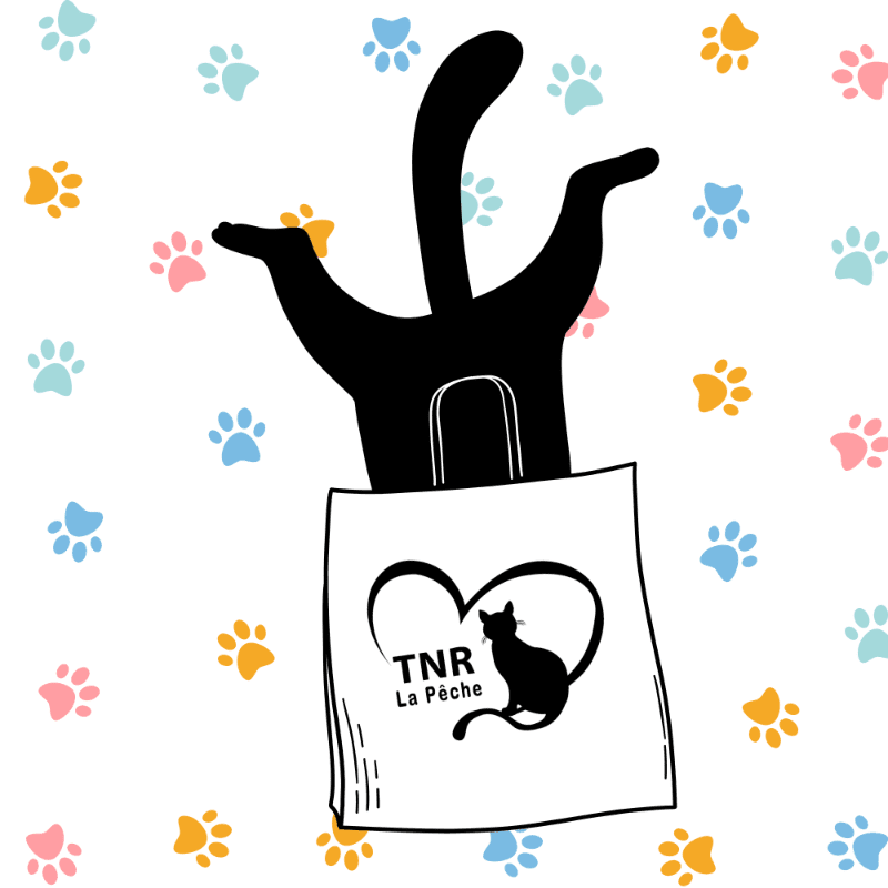 A black cat silhouette emerges from a white shopping bag labeled "TNR La Pêche" against a white background scattered with colorful paw prints.