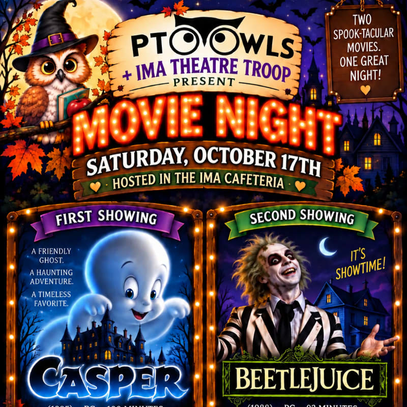 A colorful movie night flyer featuring an owl in a witch hat and movie posters for Casper and Beetlejuice against a spooky nighttime background.