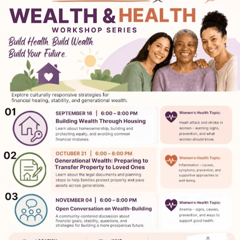 A promotional flyer for a "Wealth & Health Workshop Series" features three smiling women of different ages in the foreground against a background of a stylized house, a sun, and a detailed schedule of events.