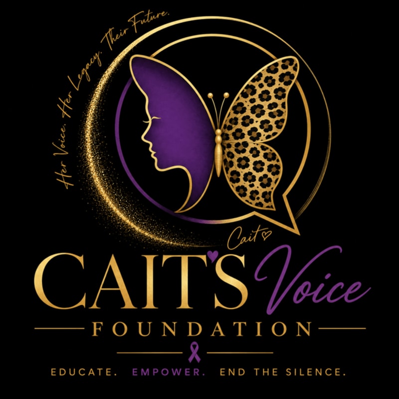 A gold and purple butterfly logo featuring a woman's profile is centered against a black background with gold glitter accents and the text "CAIT'S Voice FOUNDATION."