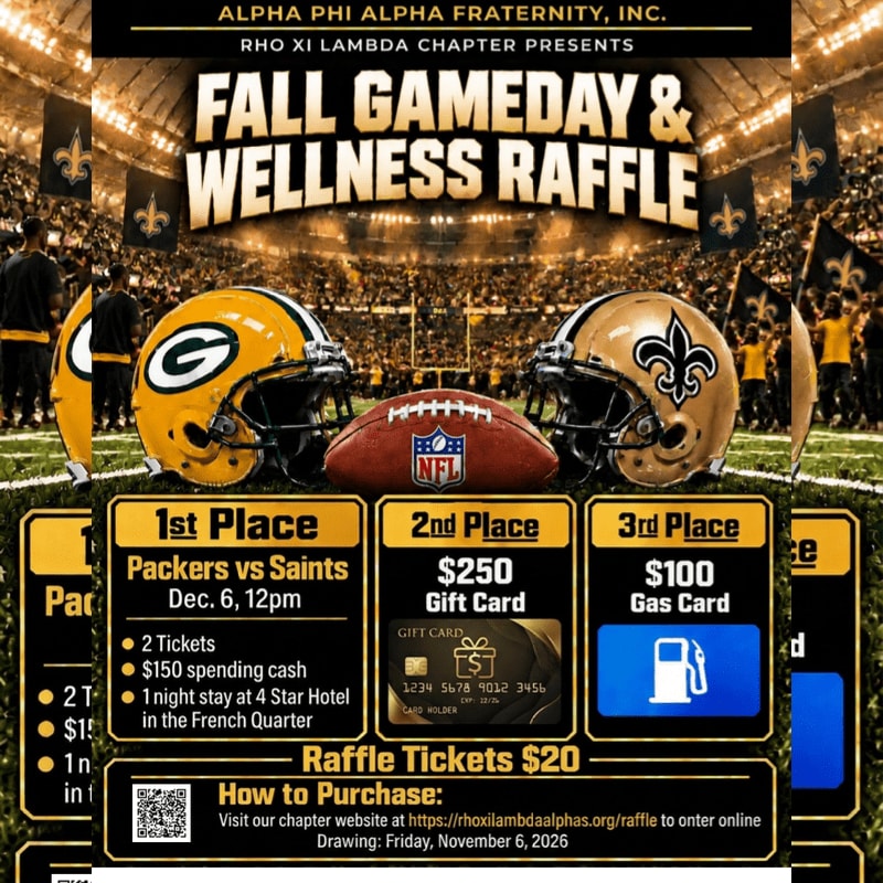 Two football helmets and a football sit on a field in the foreground, with a crowded stadium and promotional raffle text in the background.