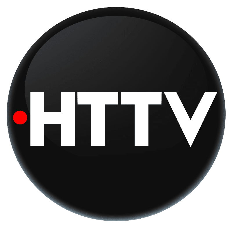 White "HTTV" text with a red dot is centered on a glossy black circular background.