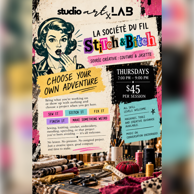 A colorful promotional flyer for a "Stitch & Bitch" sewing event features a vintage-style illustration of a woman and event details in the foreground, set against a textured, artistic background.