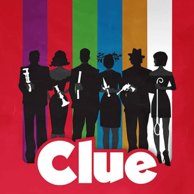 Six black silhouettes holding weapons stand in the foreground against a background of colorful vertical stripes with the word "Clue" written in large white letters at the bottom.